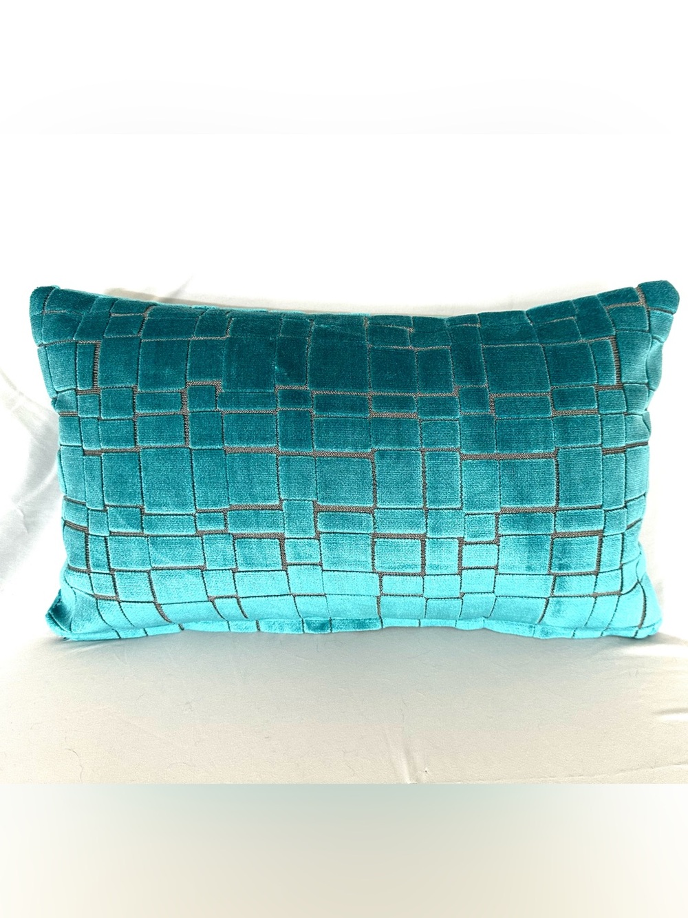 Designer Teal Velvet Decorative Throw Pillow with Geometric Grid 12”x20”